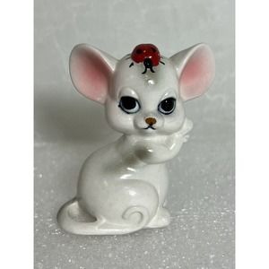 Vintage Lefton White Gray Mouse with Ladybug Porcelain 3" Figurine 8277 Japan